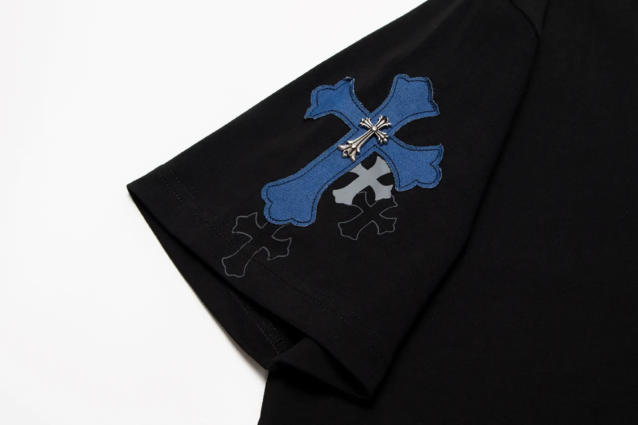 P170 Chrome Hearts Chrome Hearts Cross Metallic Denim Splicing Short Sleeves Size: SMLXL Color: White Black